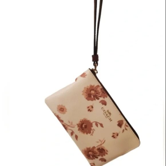 NWOT. Coach Leather Floral Wristlet w/ zipper + neutral browns + creams. - Picture 4 of 4